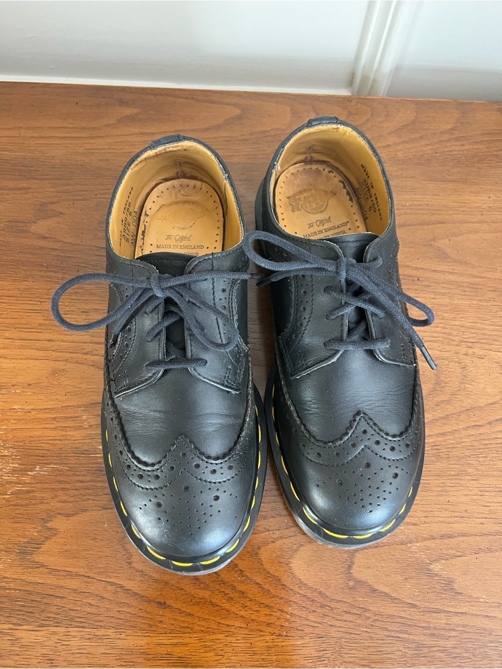 Vintage Dr. Martens made England Black Wingtip Brogue Oxfords with Yellow Welt